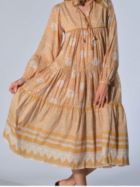 Matta Yellow and White Boho Tiered Long Sleeve Dress - Small